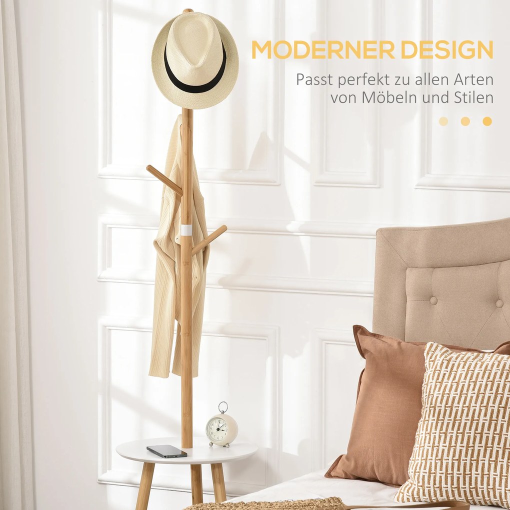 HOMCOM Wieszak na ubrania z 5 hakami i stolikiem pomocniczym Drewno naturalne Stylowy i funkcjonalny | Aosom PL