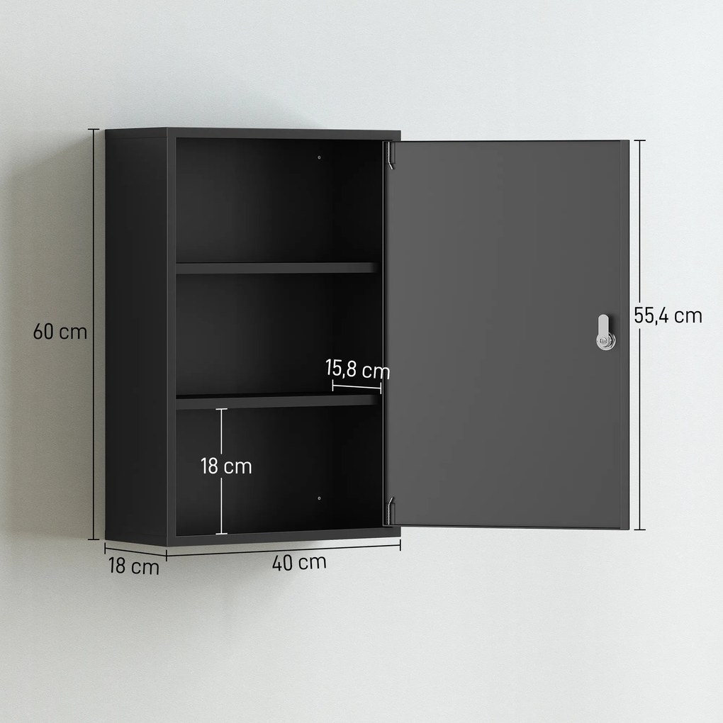 kleankin Wisząca szafka na leki, szafka łazienkowa z 3 półkami, 2 klucze, czarna, 40 x 18 x 60 cm | Aosom PL