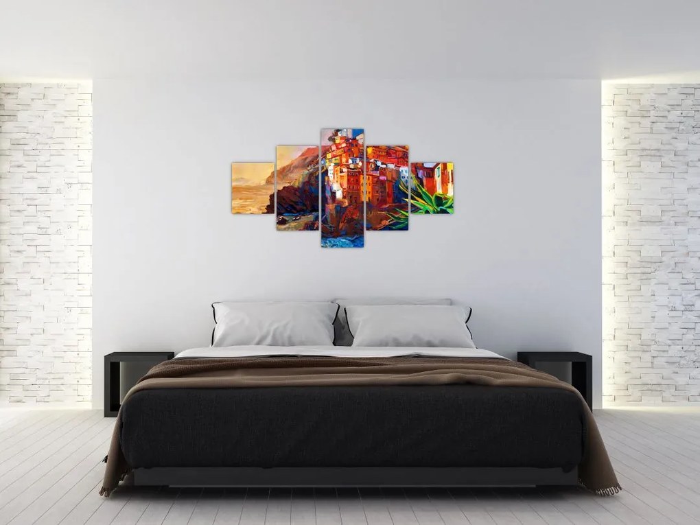 Obraz - Wieś na wybrzeżu Cinque Terre, Włoska Riviera, nowoczesny impresionism (125x70 cm)