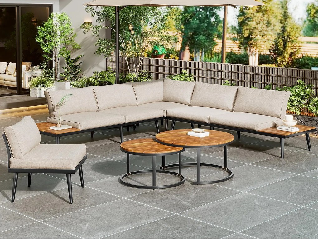 Modułowy salon ogrodowy z żelaza ocynkowanego i drewna akacjowego - 6 osób - 2 stoły w stylu gniazdowym - Beżowy