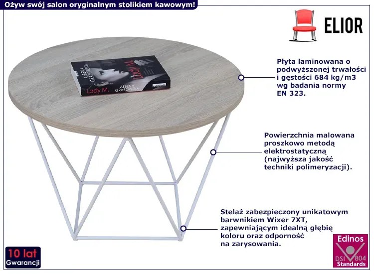 Stolik kawowy z białym stelażem dąb sonoma Bist