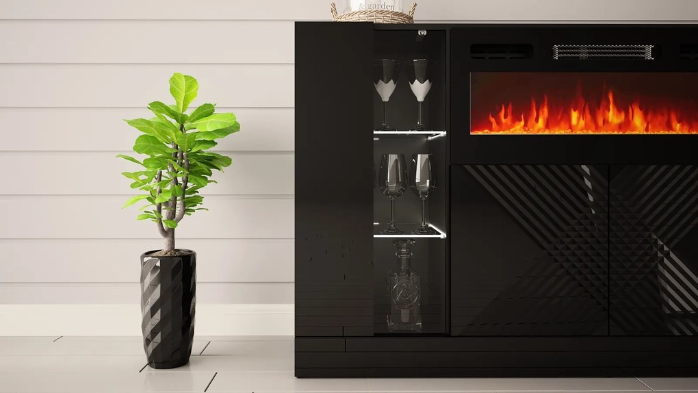 Czarna komoda z kominkiem elektrycznym i oświetleniem Diuna 1