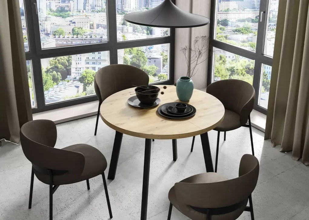 Okrągły rozkładany stół Nyker 100-176 cm w stylu industrialnym z funkcjonalnym laminowanym blatem