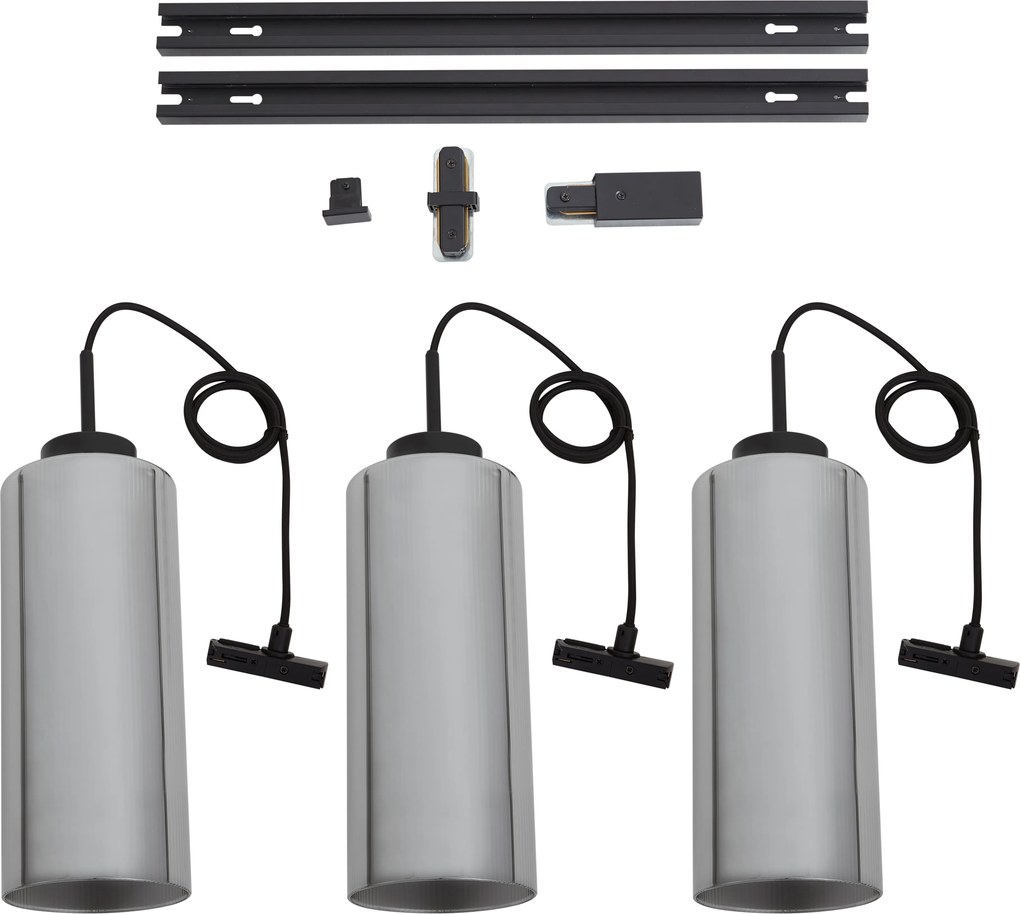 Nowoczesny system szynowy czarny z 3 lampami wiszącymi z przydymionego szkła 1-fazowy - Iconic Laura
