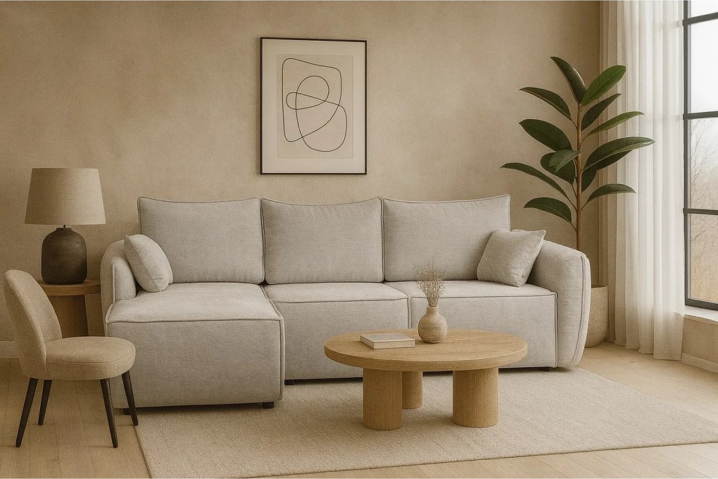 Nowoczesny narożnik lewostronny SELLMA w tkaninie RAVEN 6 jasnoszarej