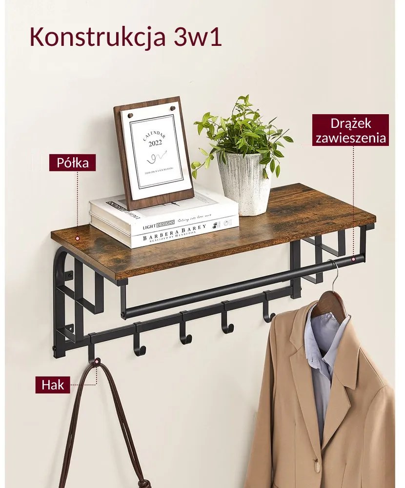 Wieszak ścienny HENRY, 66x30x27cm, czarna/brąz Vasagle