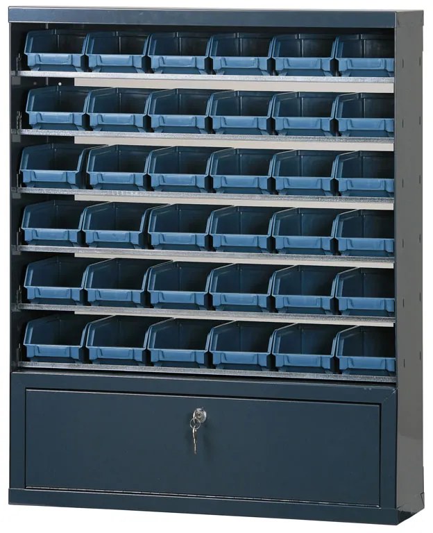 Szafki z plastikowymi pojemnikami i szufladą, 36 boksów