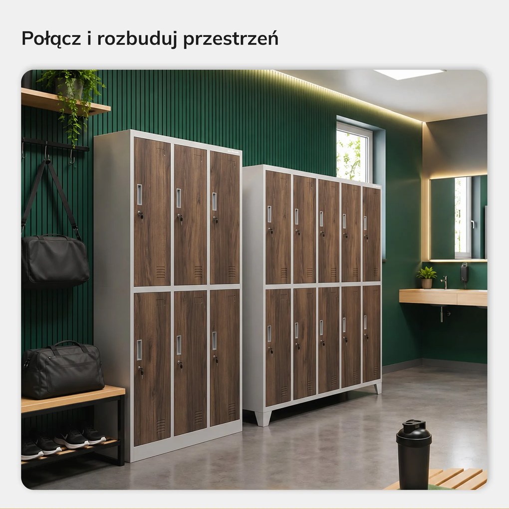 Szafka socjalna ubraniowa BHP biała / orzech 6-drzwiowa: Eco Design IGOR, 900 x 1850 x 450 mm