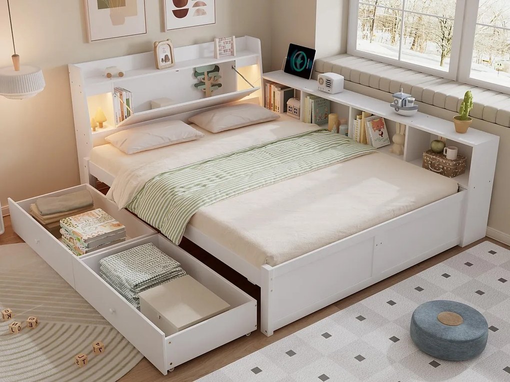 Proste łóżko 140x200 cm - z 2 szufladami - z USB i gniazdkiem - schowek w wezgłowiu i bokach - białe
