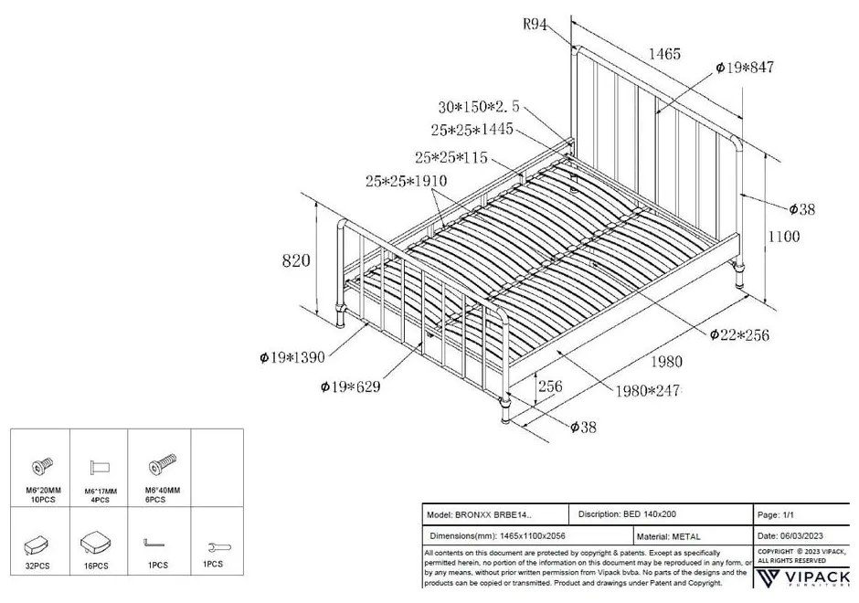 Czarne metalowe łóżko ze stelażem 140x200 cm BRONXX – Vipack