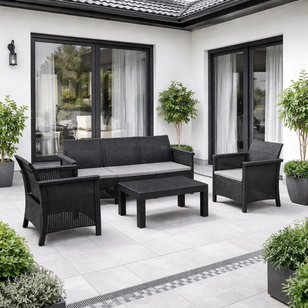 Zestaw mebli ogrodowych Selvo 096 - sofa 3-osobowa, 2 fotele i stolik kawowy, czarny/szary