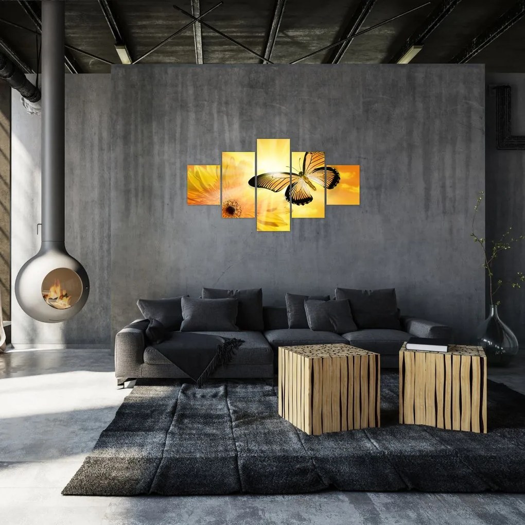 Obraz - Żółty motyl z kwiatkiem (125x70 cm)