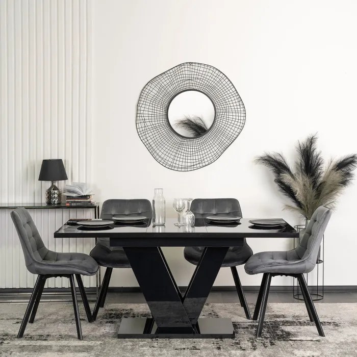 Zestaw Stół Prostokątny Rozkładany CLARK 120-160 cm Czarny Połysk i 4 Krzesła Tapicerowane RICK Szare Welurowe