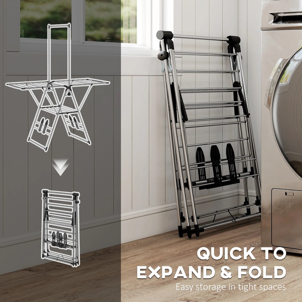 HOMCOM Suszarka na pranie składana stojąca suszarka z regulowanymi skrzydłami, uchwytami na buty, stal nierdzewna, 156,5 x 68 x 192 cm, srebrny