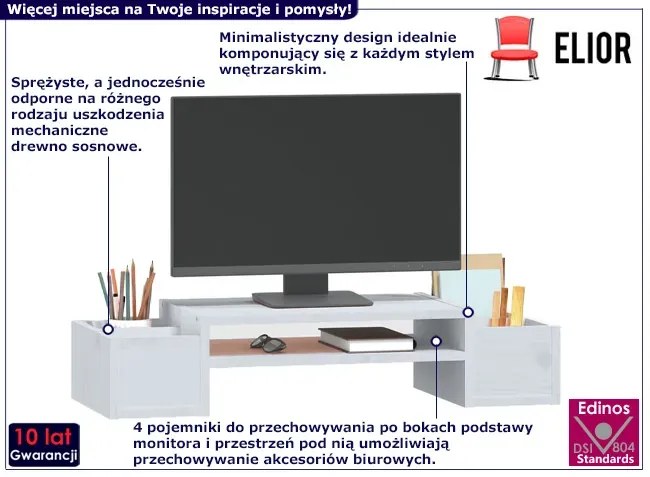 Biała podstawka pod monitor z półką - Mauricis