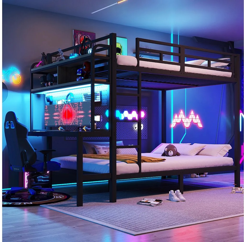 Łóżko piętrowe dla dzieci - 2 x 140 x 200 cm - rama żeliwna - z biurkiem + diody LED + port USB + półka - metalowe - czarne