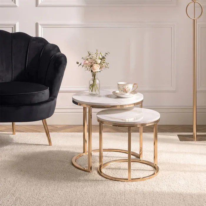 Zestaw Stolików Kawowych MILANO 45 cm/60 cm Biały Marmur/Złoty Glamour