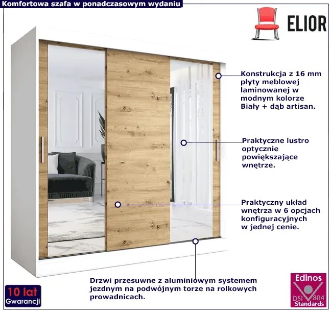 Szafa przesuwna biały + dąb artisan 200 cm - Seko 6X