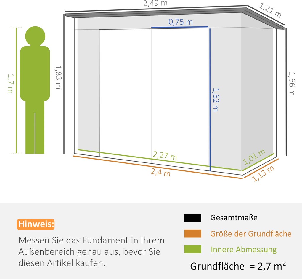 Outsunny Szopa ogrodowa metalowa na narzędzia z podwójnymi drzwiami 249 x 121 x 166 cm szara | Aosom PL