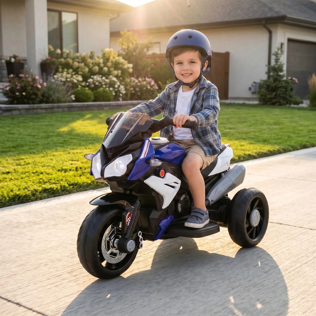 HOMCOM Elektryczny motocykl dla dzieci, z światłami i dźwiękami, 3 km/h, ładowany, plastik i metal, Niebiesko-Czerwony
