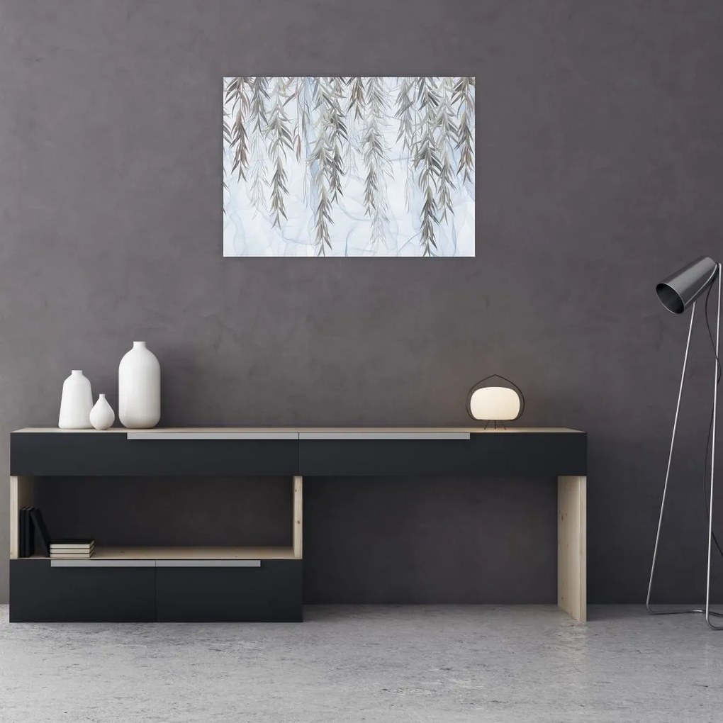 Obraz na szkle - Gałązki wierzby na niebieskim tle (70x50 cm)