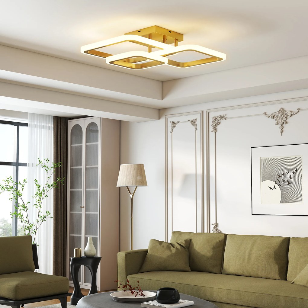 HOMCOM Lampa sufitowa LED 40W 4300LM 3500K/4500K/6000K Lampa sufitowa 3-ringowa, 48 x 46 x 13 cm, złoty