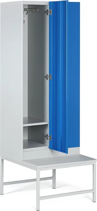 Szafka ubraniowa S1 z ławką, 2-drzwiowa, 1875 x 600 x 500/800 mm, zamek obrotowy, drzwi ciemnoszare