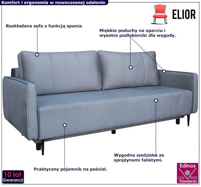 Szara rozkładana sofa z pojemnikiem - Eugene