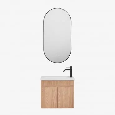 Zestaw Wiszących Mebli Łazienkowych Zintegrowany Z Umywalką Narek Popielaty Brąz & Owalna Osłona Led I Przeciwmgielna - Sklum