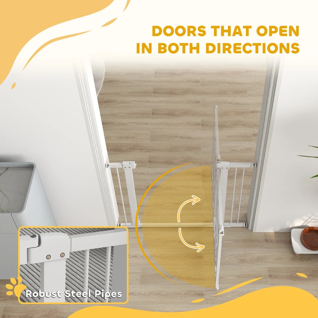 PawHut Bramka zabezpieczająca dla zwierząt, 77 cm, regulowana szerokość 76-104 cm, z drzwiami dla kota, do schodów i drzwi, biały