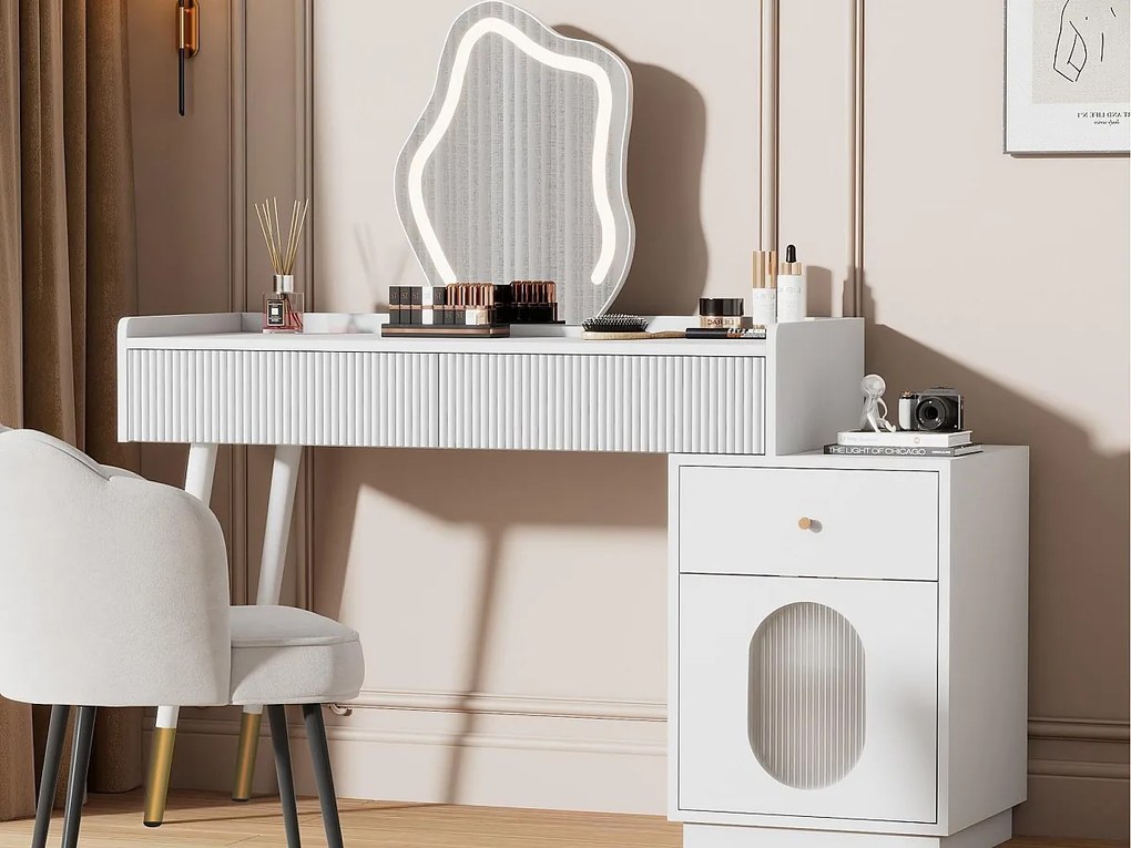 Toaletka z lustrem i oświetleniem LED - 2 szuflady i zdejmowana szafka - Biała (stołek nie jest w zestawie)