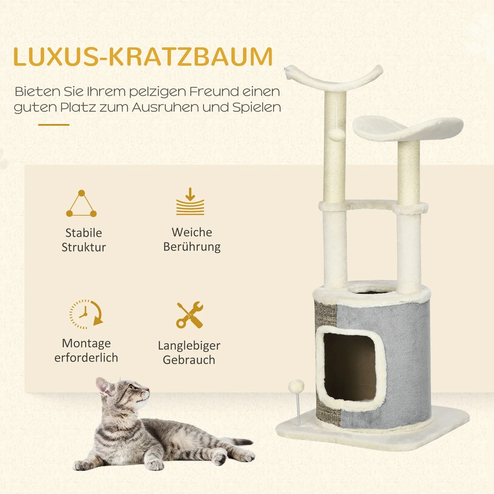 PawHut Drapak dla Kota z Domkiem Platformy Drapaki Pluszowy obramowanie Kremowy 48x48x110cm | Aosom PL