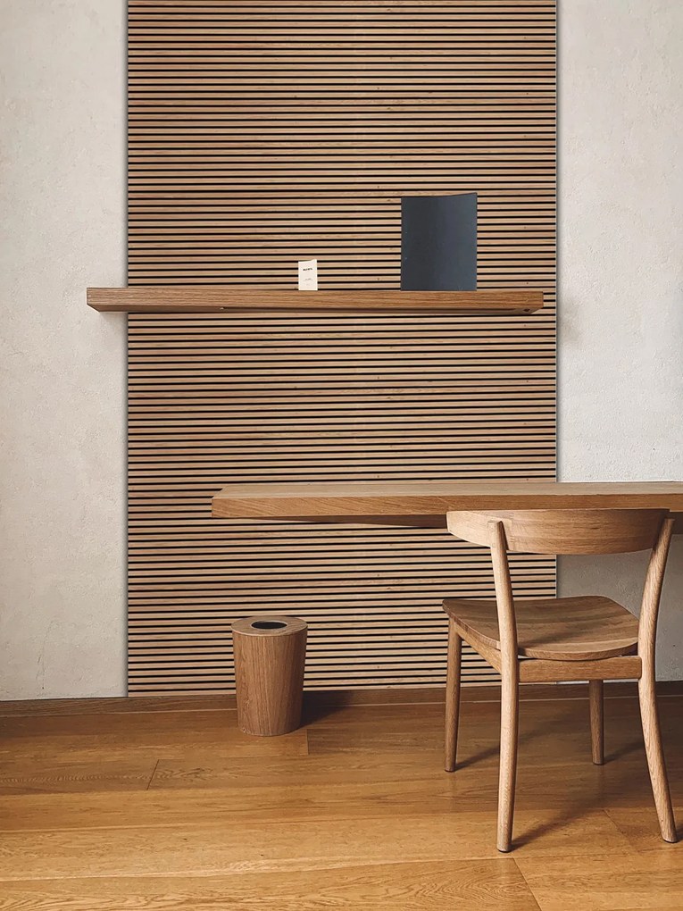 Drewniany panel akustyczny, 2400 x 600 mm, czarny podkład, 5 szt, dąb sonoma