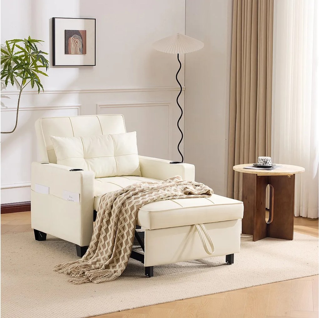 Sofa rozkładana z kieszeniami bocznymi - Prosta sofa z uchwytami na kubki i portem USB - biała