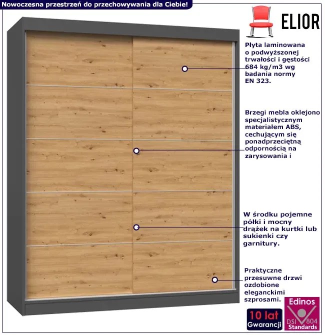 Szafa rozsuwana do sypialni dąb artisan antracyt 160 cm K0-P74
