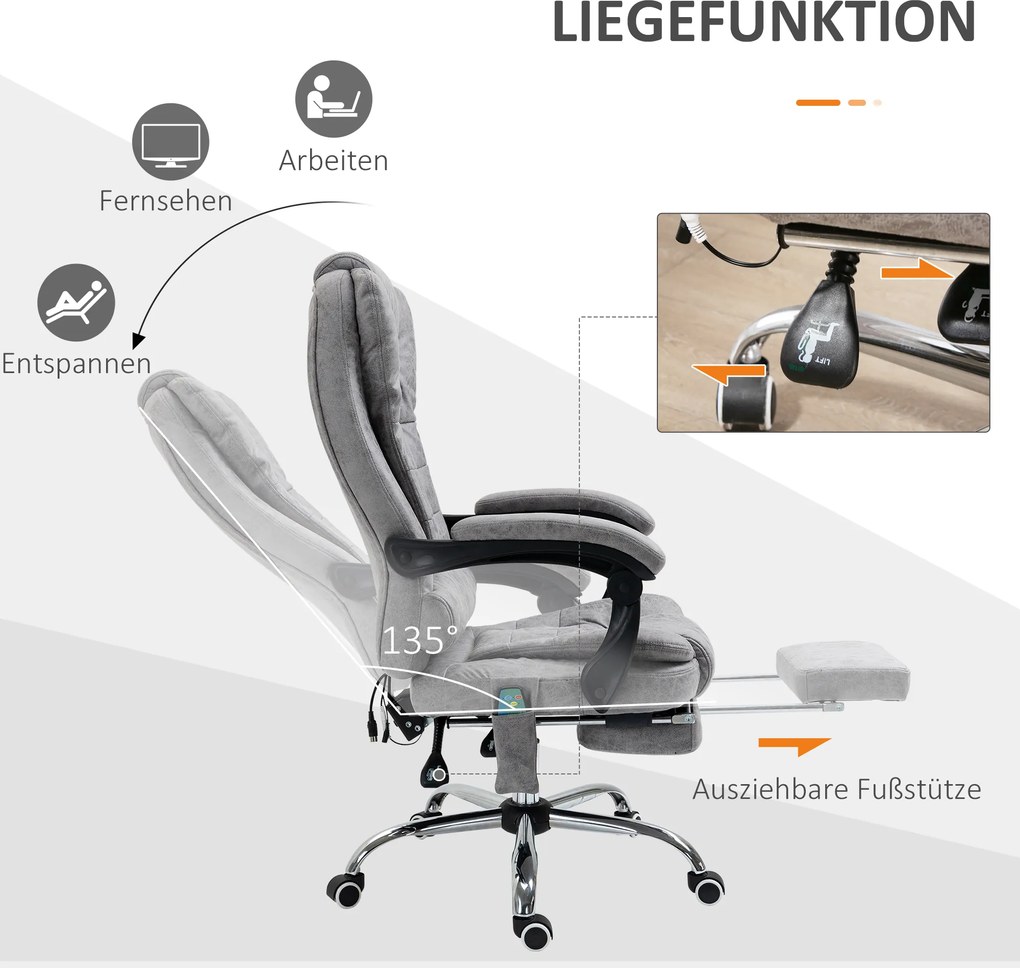 Vinsetto Fotel biurowy z masażem, ergonomiczny fotel biurowy z funkcją leżenia i ogrzewania, pilot, szary