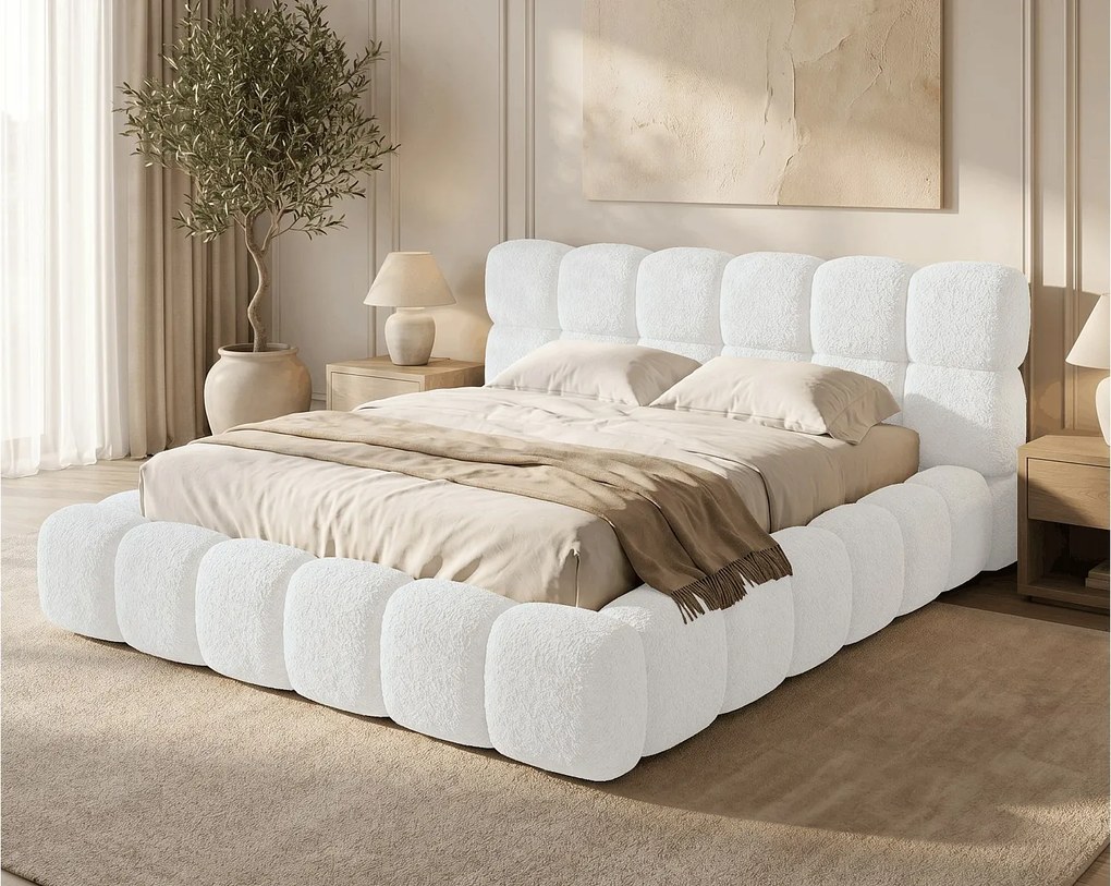 BESILIO Łóżko z grubej pianki 140x200 boucle Tokyo - łóżko z pojemnikiem i stelażem - Biały