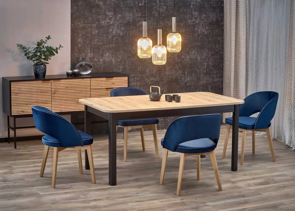 Elegancki rozkładany stół Drimeno 160-228x90 blat z płyty laminowanej w kolorze białym / dąb artisan + czarny