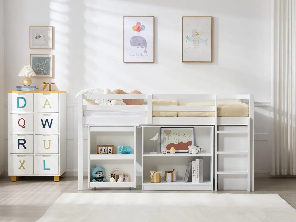Łóżko piętrowe 90 x 190 cm ze schowkami i rozsuwanym biurkiem - Drewno sosnowe i MDF - Biały + Materac - ABRENO