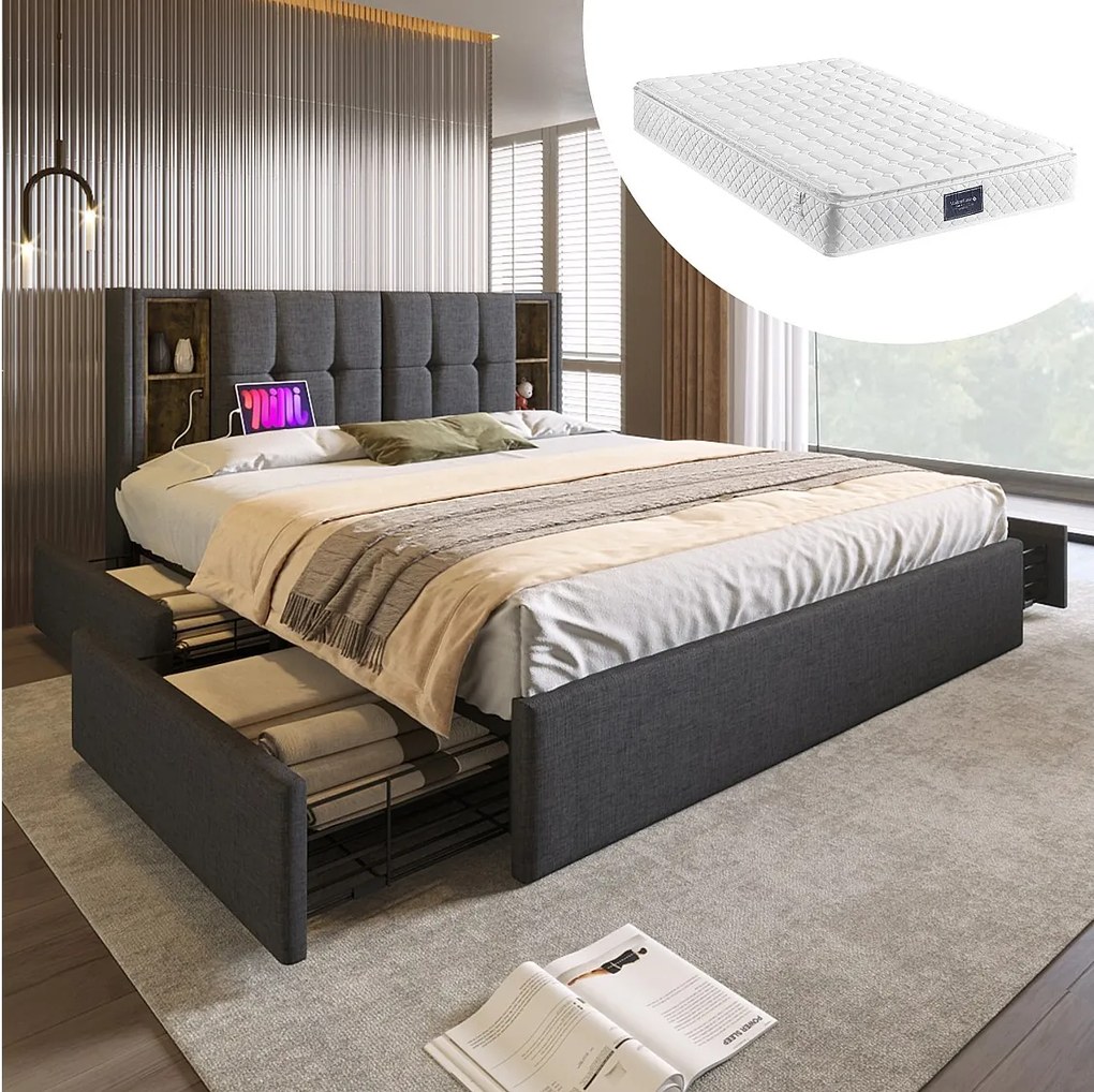Łóżko dla dorosłych 160x200 cm - z zagłówkiem i schowkiem schowek, USB, 4 szuflady - pościel - szary - materac w zestawie