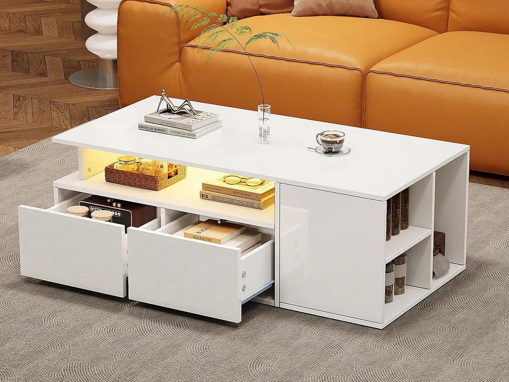 Stolik kawowy wysokopołysk 100×50×35 cm - z oświetleniem LED - 2 szuflady - 3 przegródki - biały