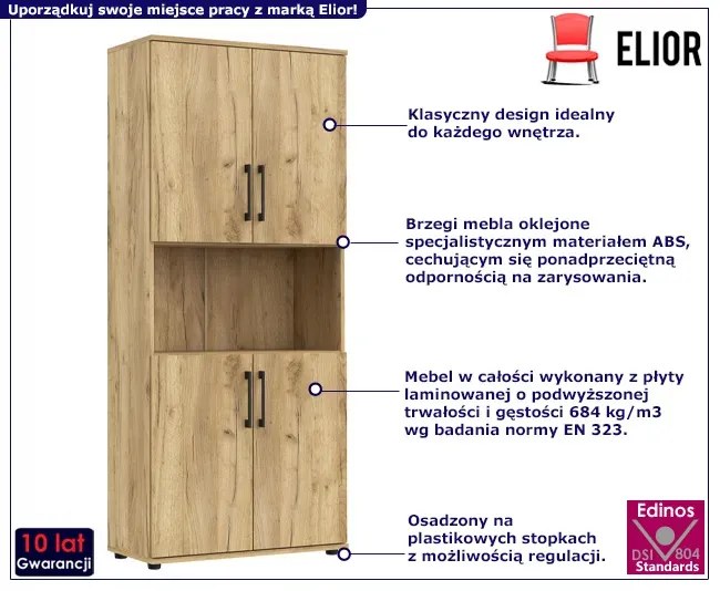 Wysoki regał biurowy z podwójnymi drzwiczkami dąb craft Ferella
