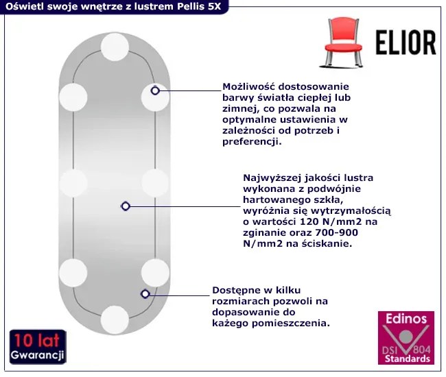 Nowoczesne srebrne lustro z oświetleniem LED 30x70 cm - Pellis 5X