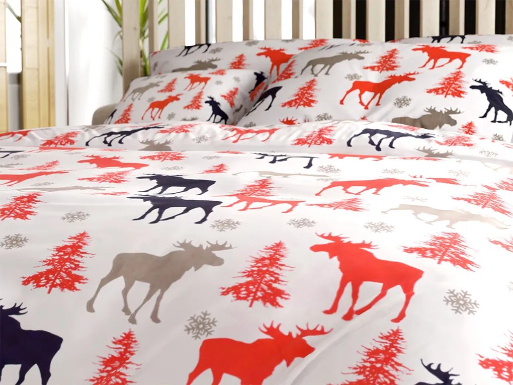 PrzytulneMieszkanie.pl PrzytulneMieszkanie.pl Pościel bawełniana CHRISTMAS MOOSE, biała Rozmiar pościeli: 2 szt 70 x 90 cm | 200 x 220 cm