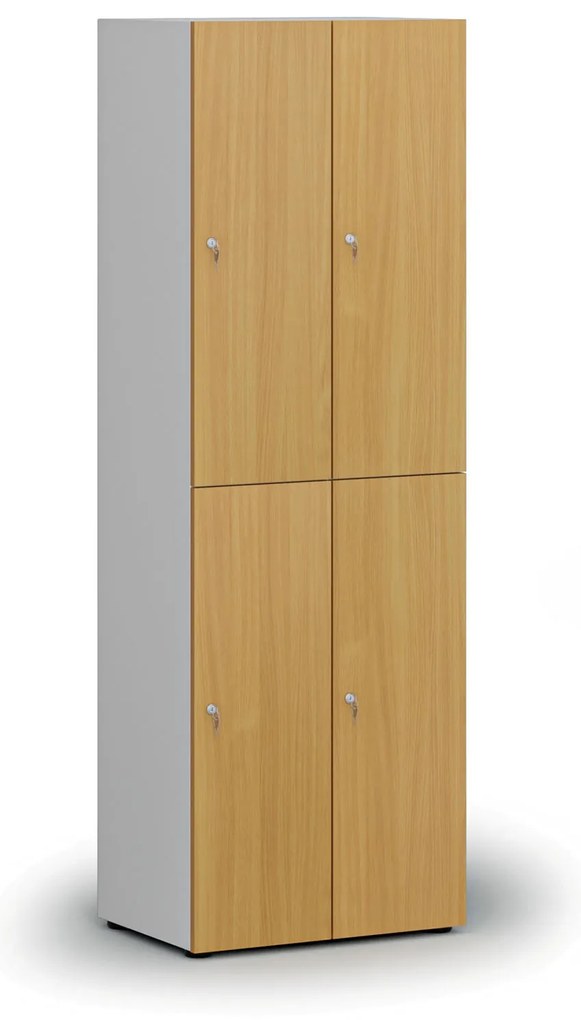 Drewniana szafka skrytkowa S4, 4 schowki, demontaż, zamek cylindryczny, szary/buk