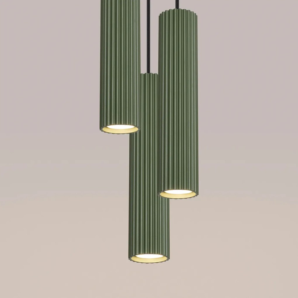 Lampa wisząca KARBON 3P zielona oliwka ryflowana SOLLUX  LIGHTING