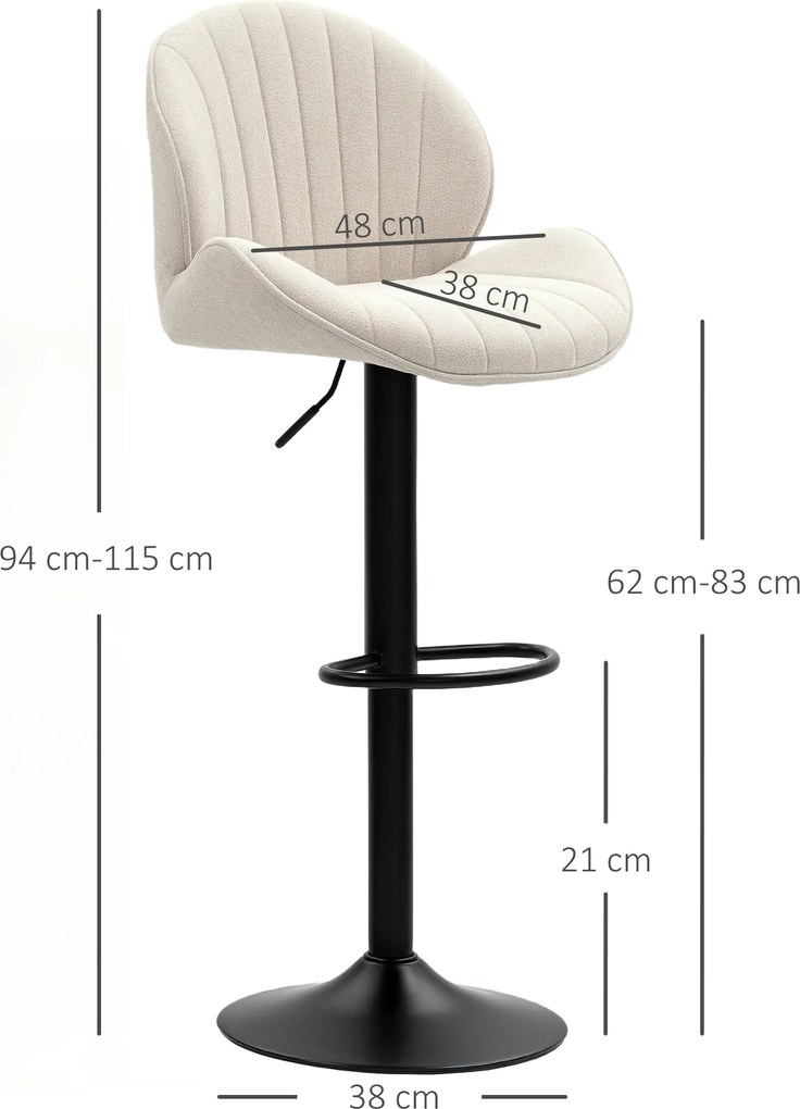 HOMCOM Zestaw 2 Barowych Hokerów w Muszelce, Oparcie, Regulowana Wysokość i Podnóżek, Stalowa Konstrukcja, Beżowy