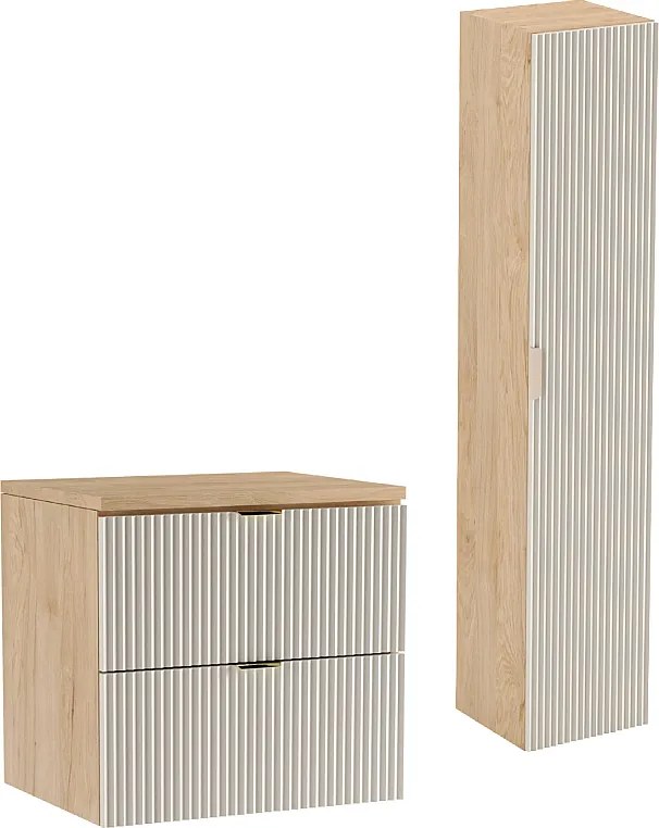 Zestaw Łazienkowy 60cm Szafka Blat Słupek Ryflowane Fronty Kaszmir / Dąb Orzech