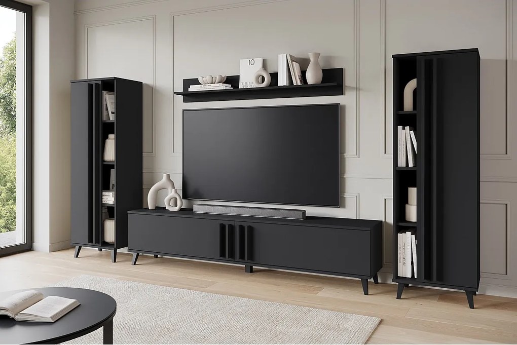 Meblościanka 180 cm do salonu na nóżkach – nowoczesny zestaw RTV z regałami i półką, czarny mat