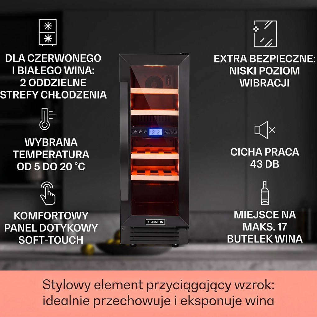 Klarstein Vinovilla 30cm 17 Butelek Winiarka Podblatowa 2 Strefy Czarny